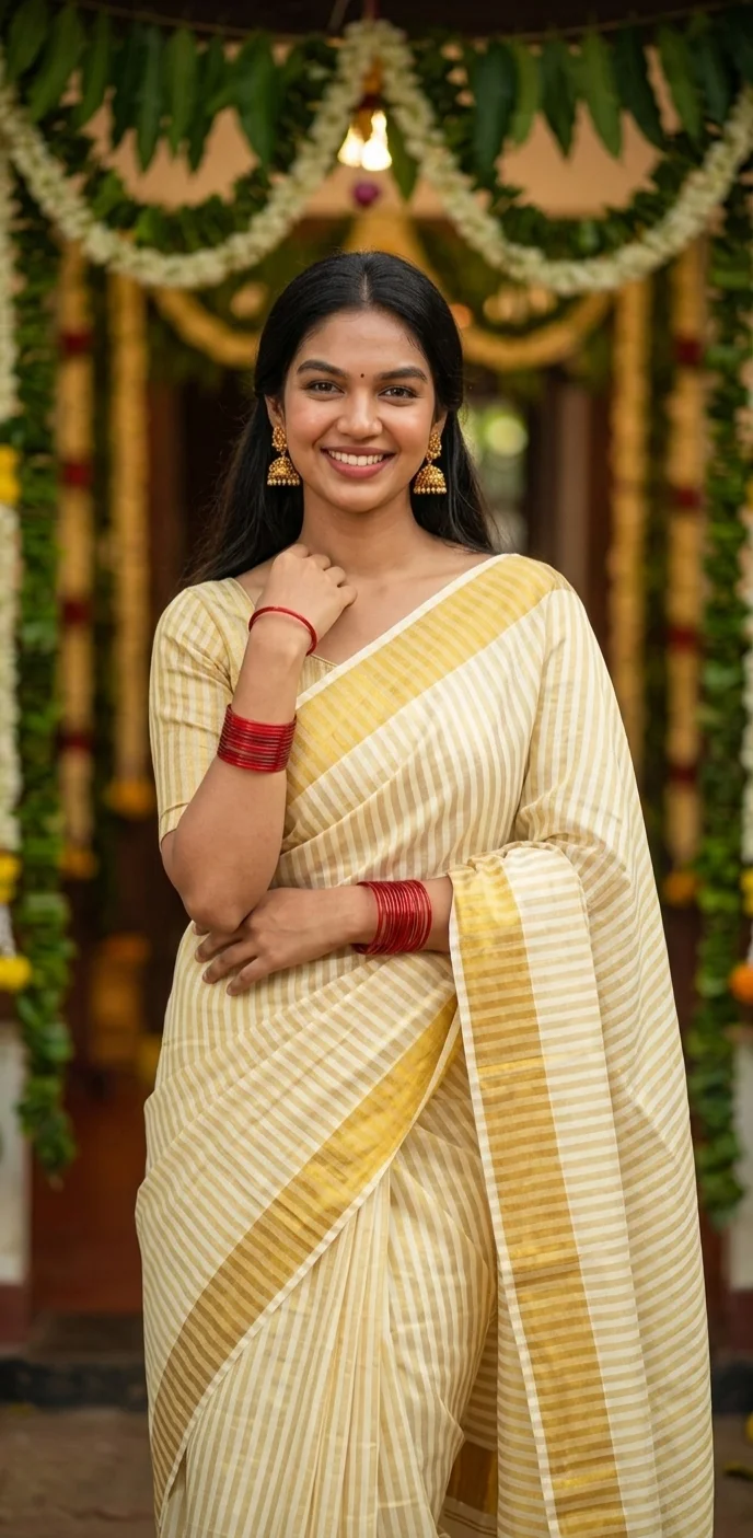 Gold-Striped and Broad Gold-Bordered Single Set Mundu