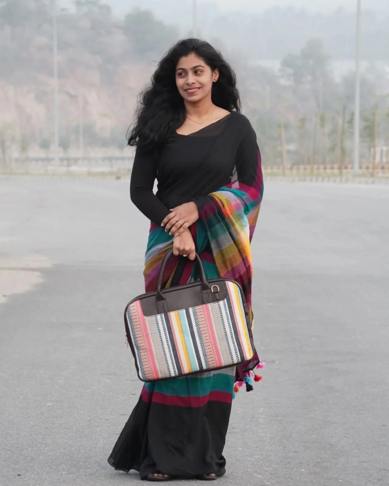 Black Saree with a Multi-colored Striped Pallu - Image 2