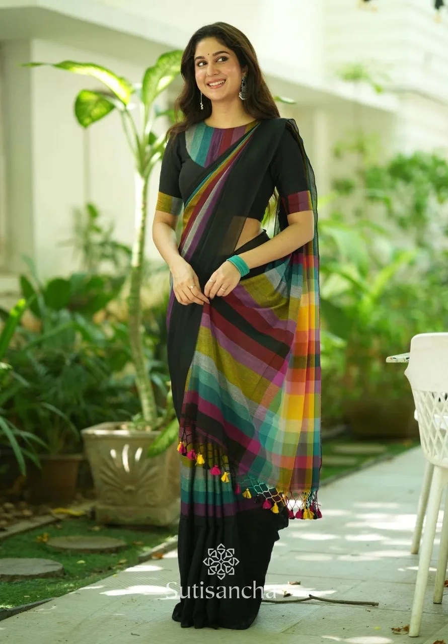 Black Saree with a Multi-colored Striped Pallu