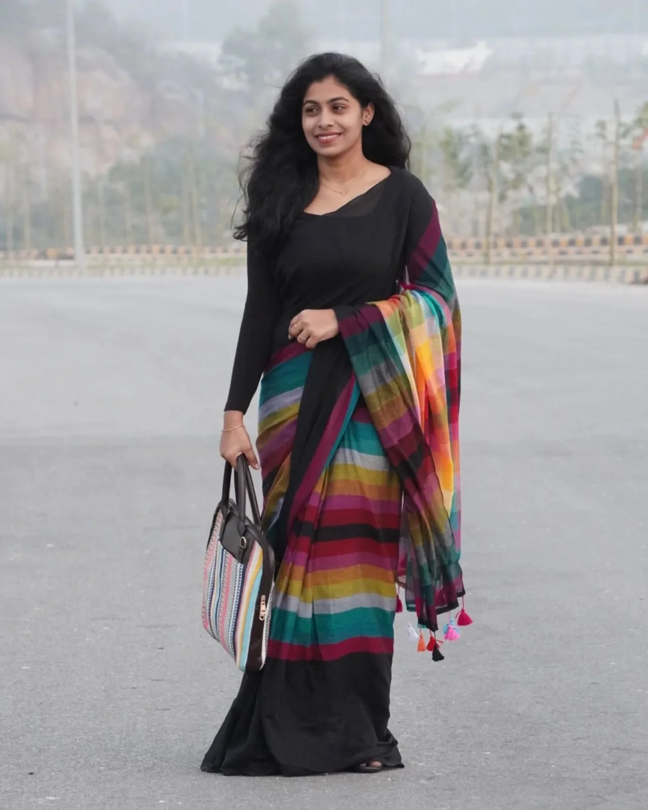 Black Saree with a Multi-colored Striped Pallu - Image 3
