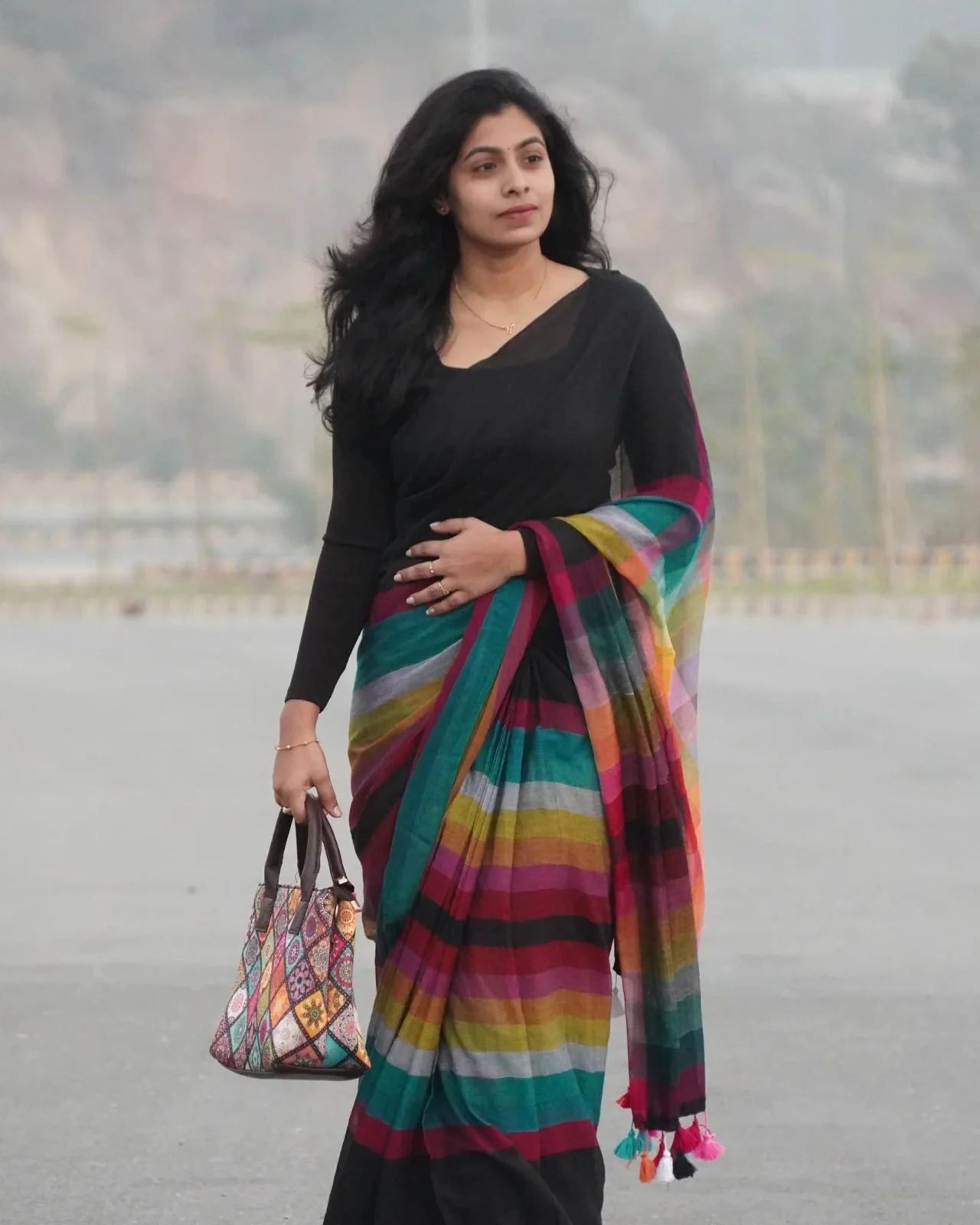 Black Saree with a Multi-colored Striped Pallu - Image 4