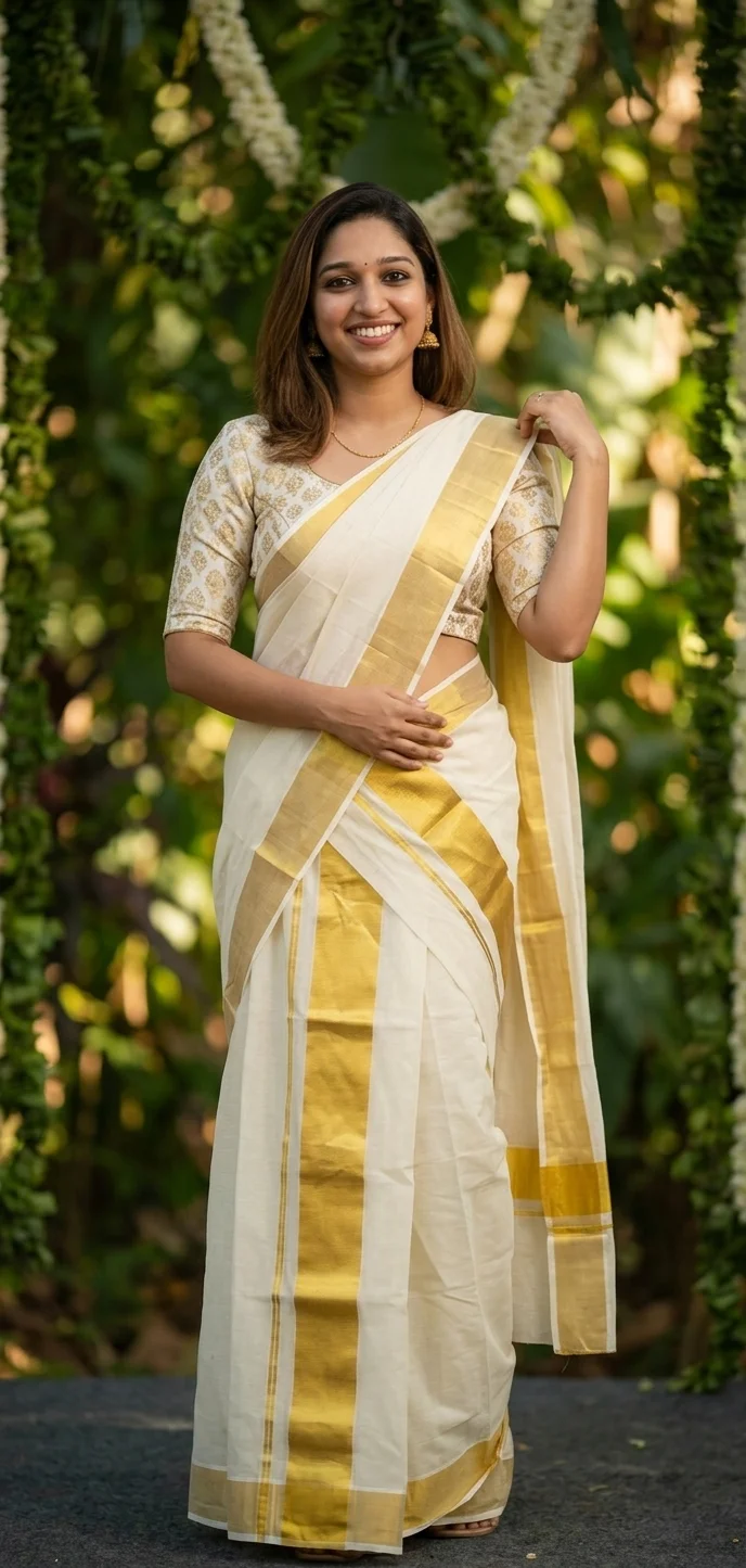 White and Gold Kerala Kasavu Set Mundu with Striped Border