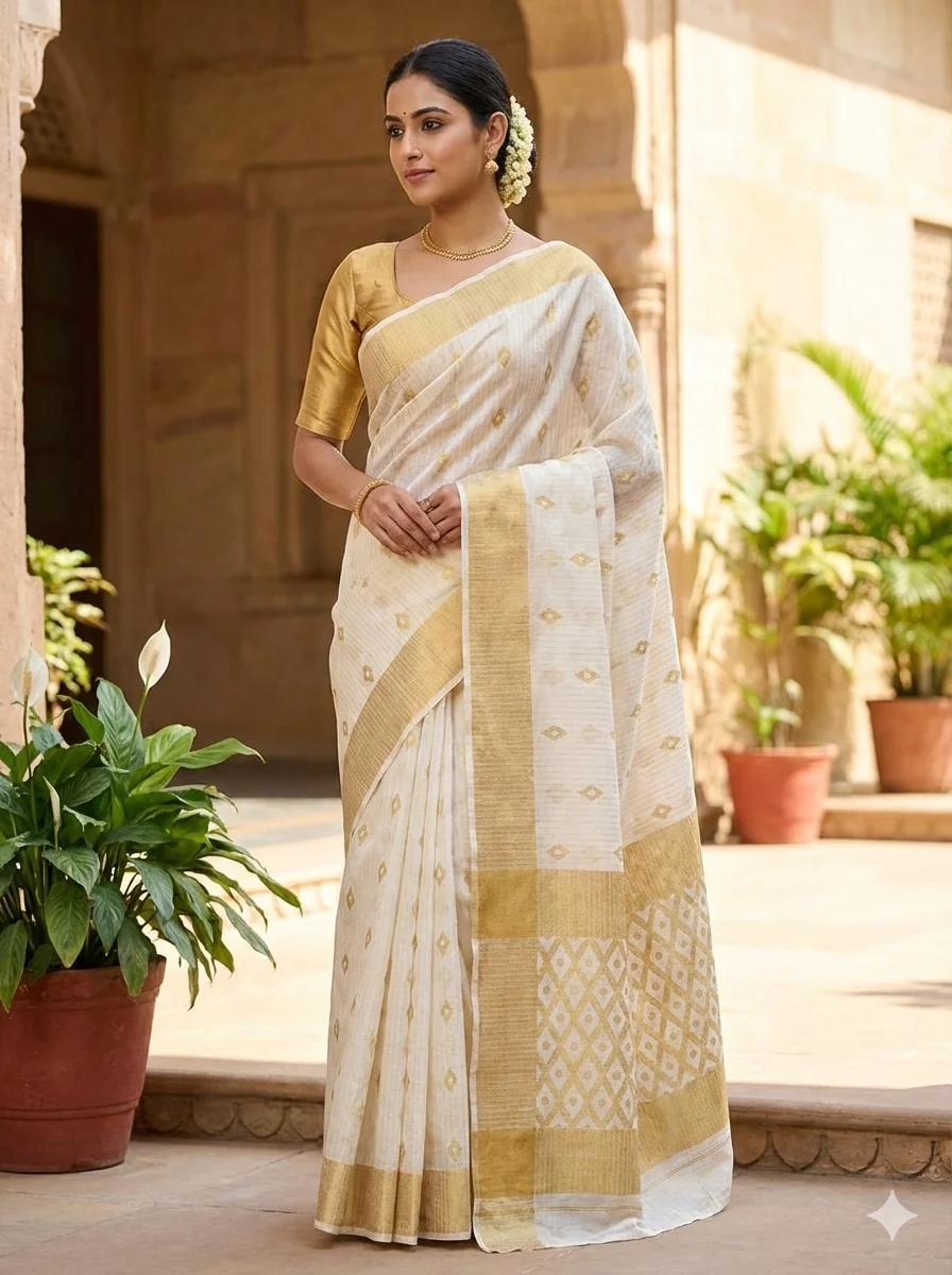 White and Gold Diamond Pattern Kerala Kasavu Saree