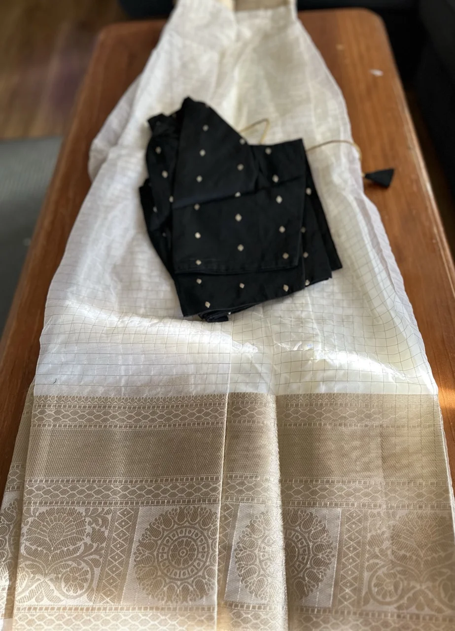 Black Blouse with Gold Polka Dots and White and Gold Brocade Dhavani