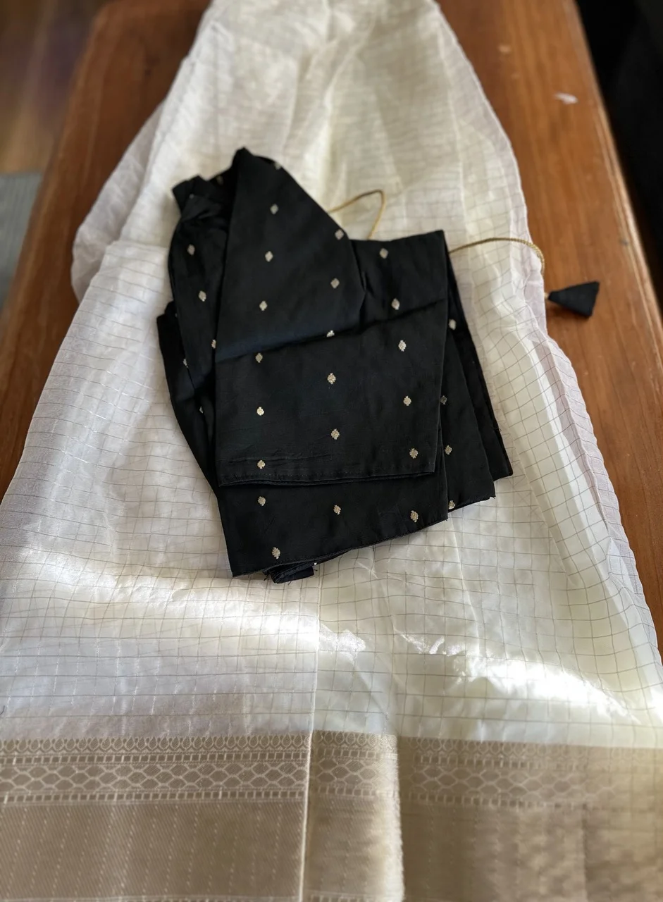 Black Blouse with Gold Polka Dots and White and Gold Brocade Dhavani - Image 2