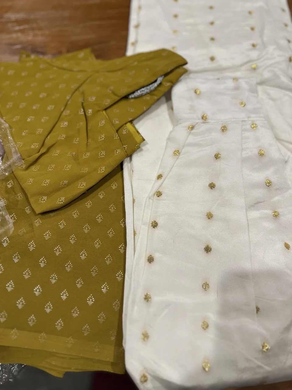 Golden-Yellow Blouse with Gold Motifs and White Skirt with Gold Motifs (Dhavani Set)