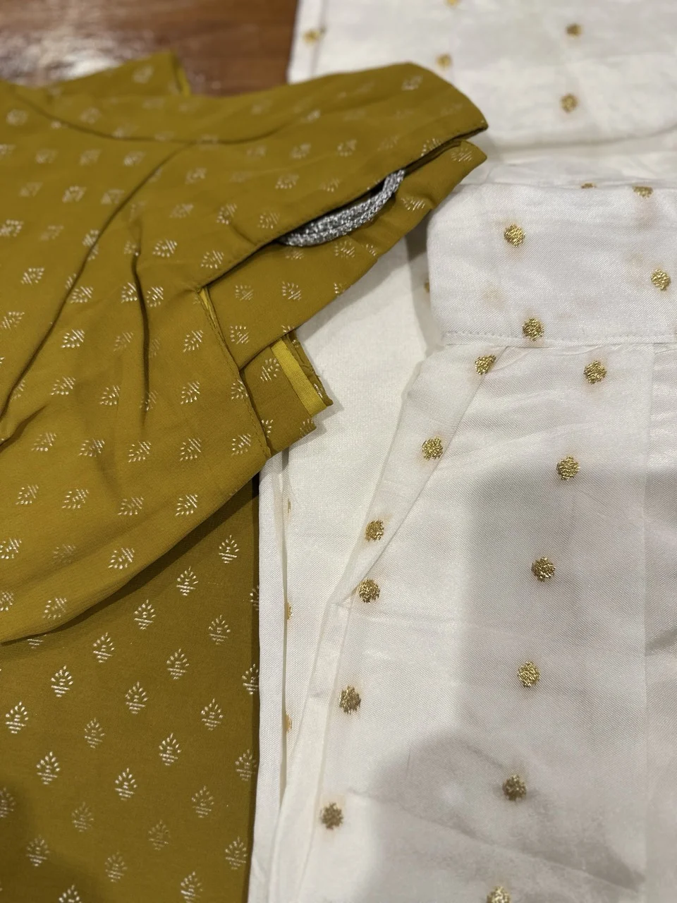 Golden-Yellow Blouse with Gold Motifs and White Skirt with Gold Motifs (Dhavani Set) - Image 2