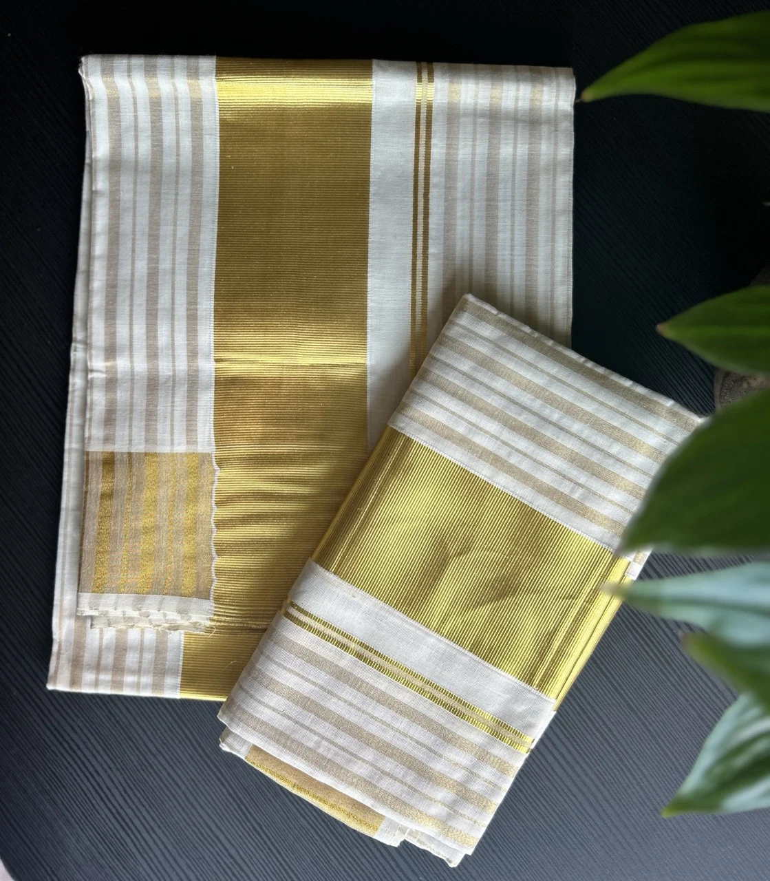  White and Gold Kerala Kasavu Set Mund with Striped Border