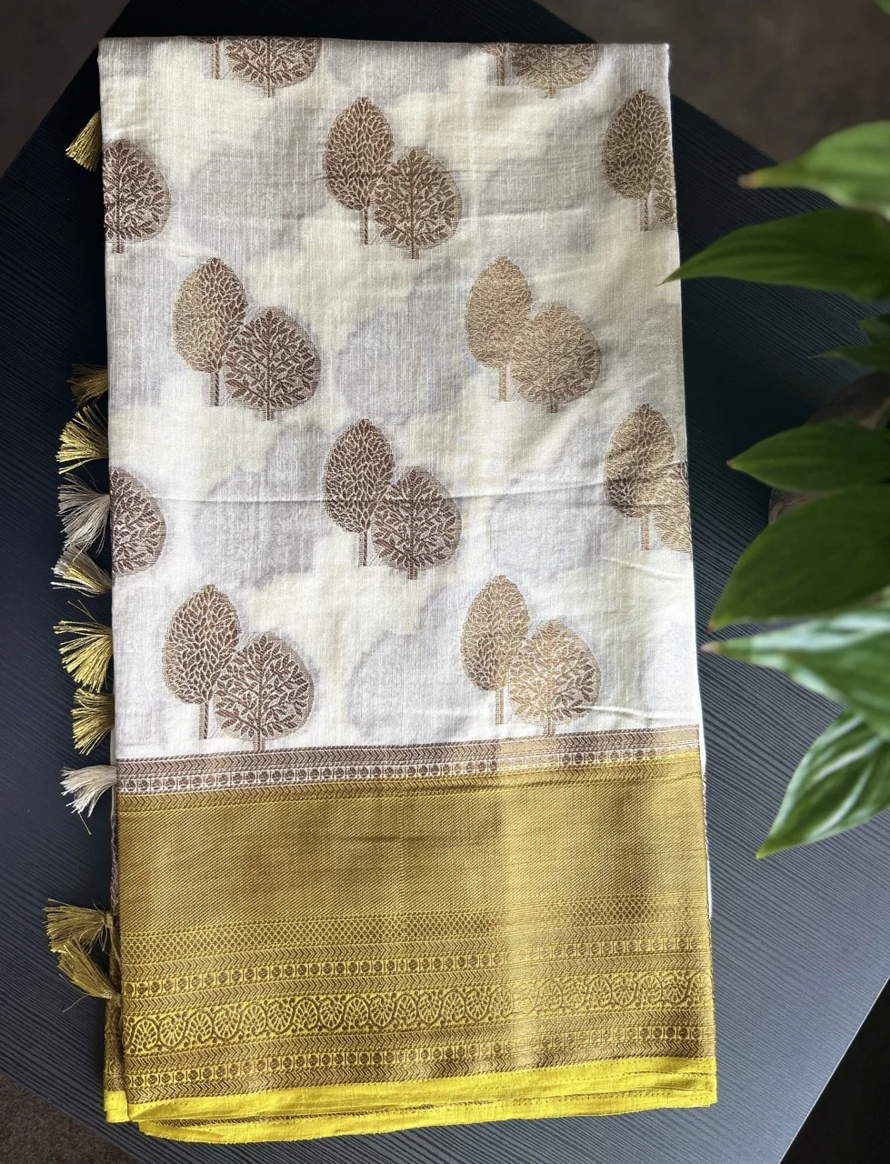 Olive Green Blouse with a White and Gold Saree with Tree Motifs - Image 2