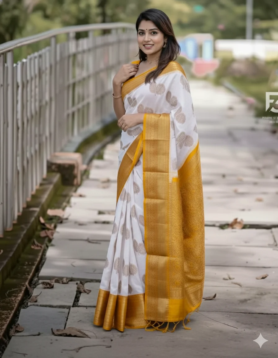 Yellow White Saree with Gold Leaf Motifs (with blouse)