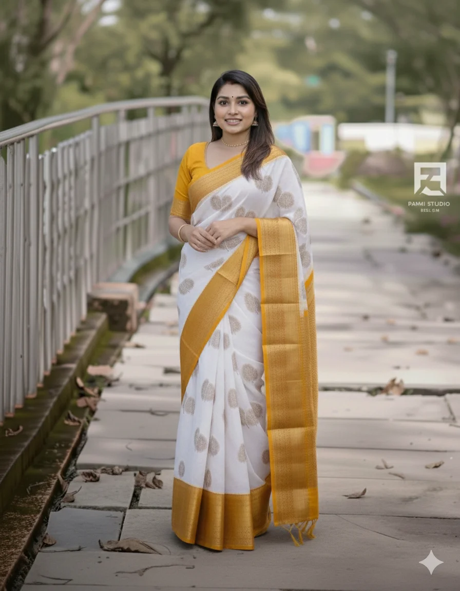Yellow White Saree with Gold Leaf Motifs (with blouse) - Image 2