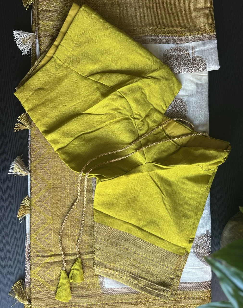 Olive Green Blouse with a White and Gold Saree with Tree Motifs - Image 3