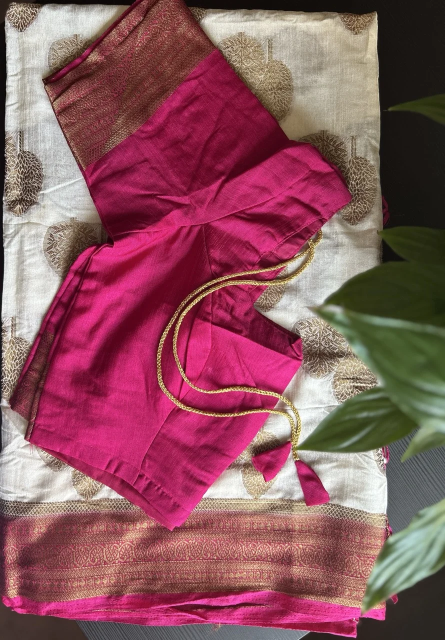 Magenta Pink Blouse and White and Brown Tree-Motif Saree with a Gold and Pink Brocade Border - Image 2