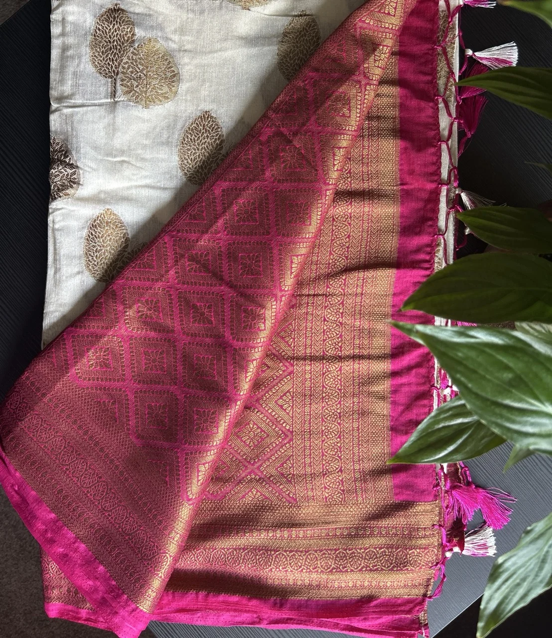 Magenta Pink Blouse and White and Brown Tree-Motif Saree with a Gold and Pink Brocade Border