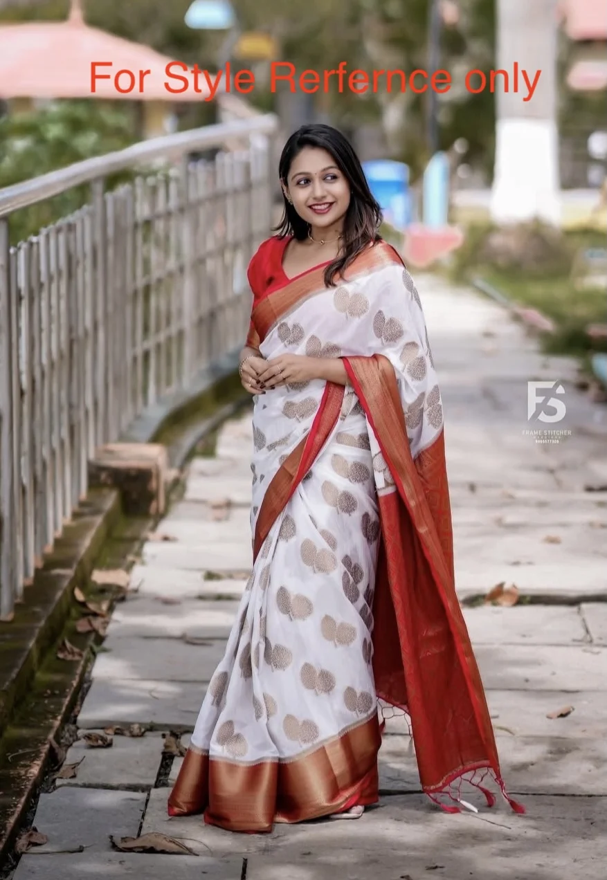 Magenta Pink Blouse and White and Brown Tree-Motif Saree with a Gold and Pink Brocade Border - Image 2