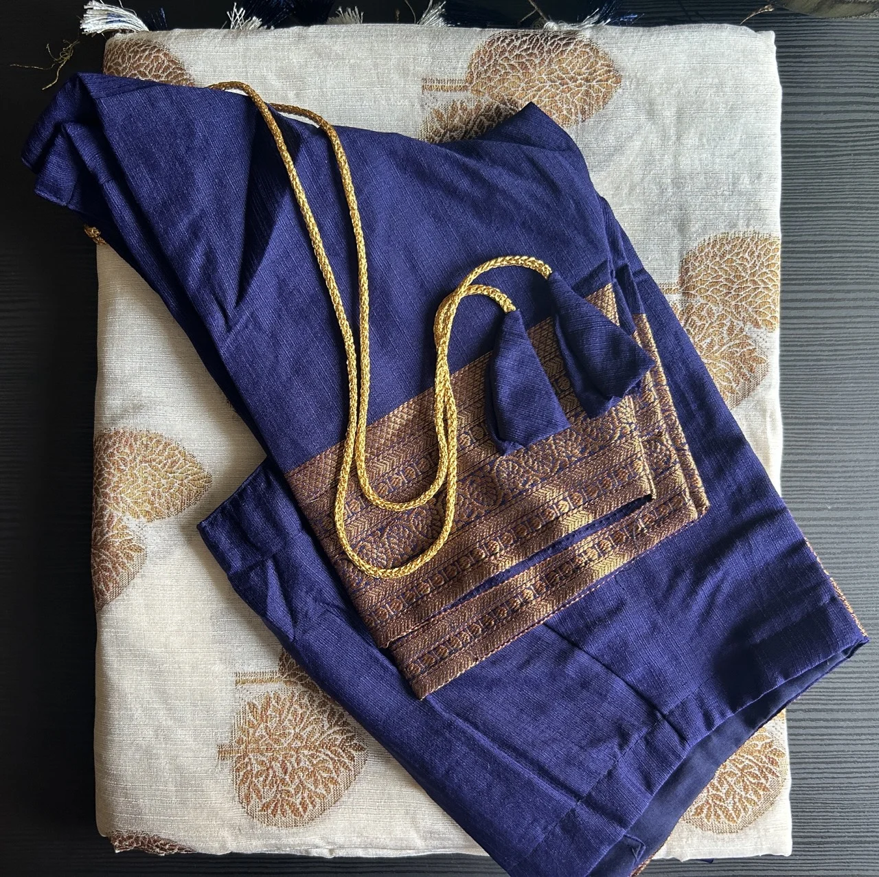 White and Gold Tree-Motif Saree with a Brown and Gold Brocade Border, and a Navy Blue Blouse