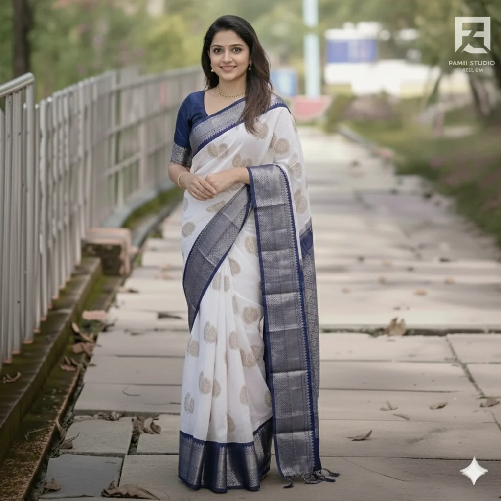 Navy Blue and White Saree with Gold Leaf Motifs (with blouse)