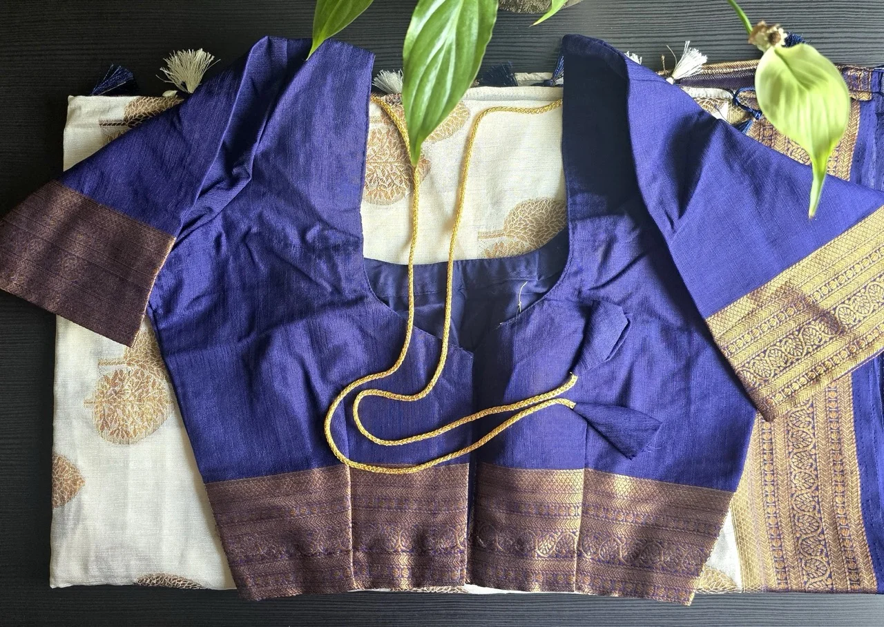 White and Gold Tree-Motif Saree with a Brown and Gold Brocade Border, and a Navy Blue Blouse - Image 4