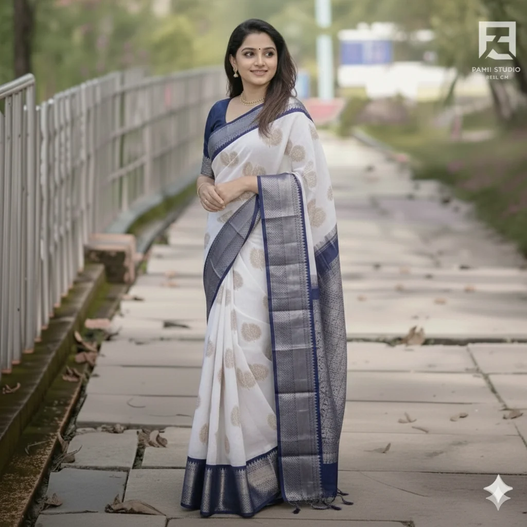 Navy Blue and White Saree with Gold Leaf Motifs (with blouse) - Image 2