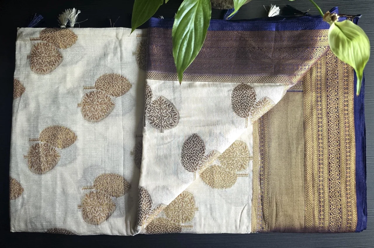 White and Gold Tree-Motif Saree with a Brown and Gold Brocade Border, and a Navy Blue Blouse - Image 2