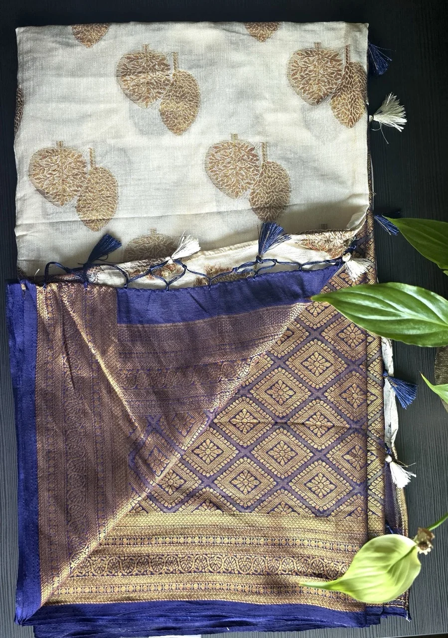 White and Gold Tree-Motif Saree with a Brown and Gold Brocade Border, and a Navy Blue Blouse - Image 3
