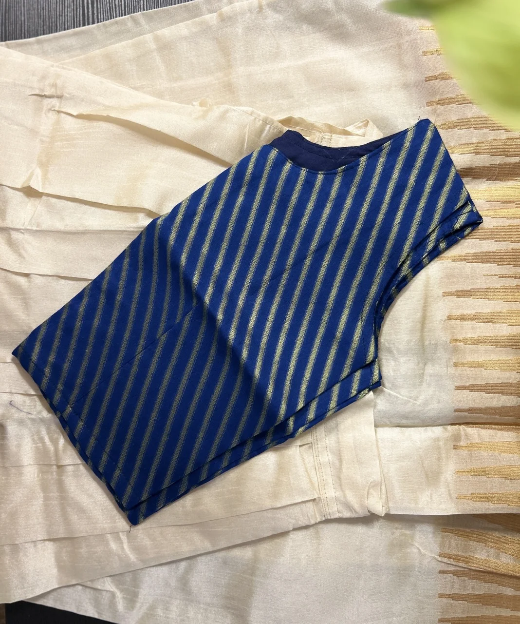 Kids  Blue and Gold Striped Blouse and Cream Skirt with Gold Zari Border - Image 2