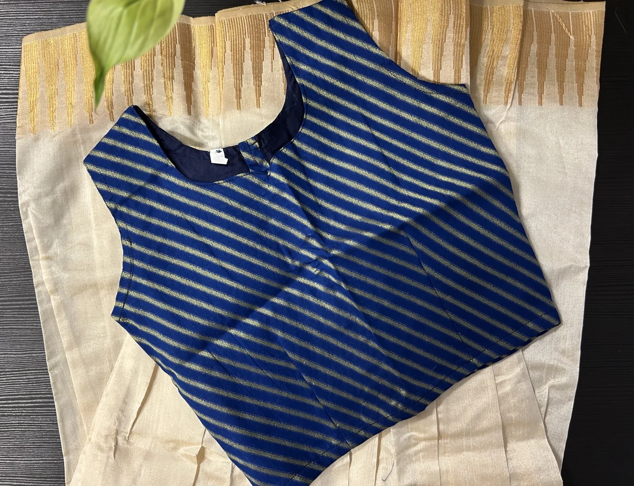 Kids  Blue and Gold Striped Blouse and Cream Skirt with Gold Zari Border