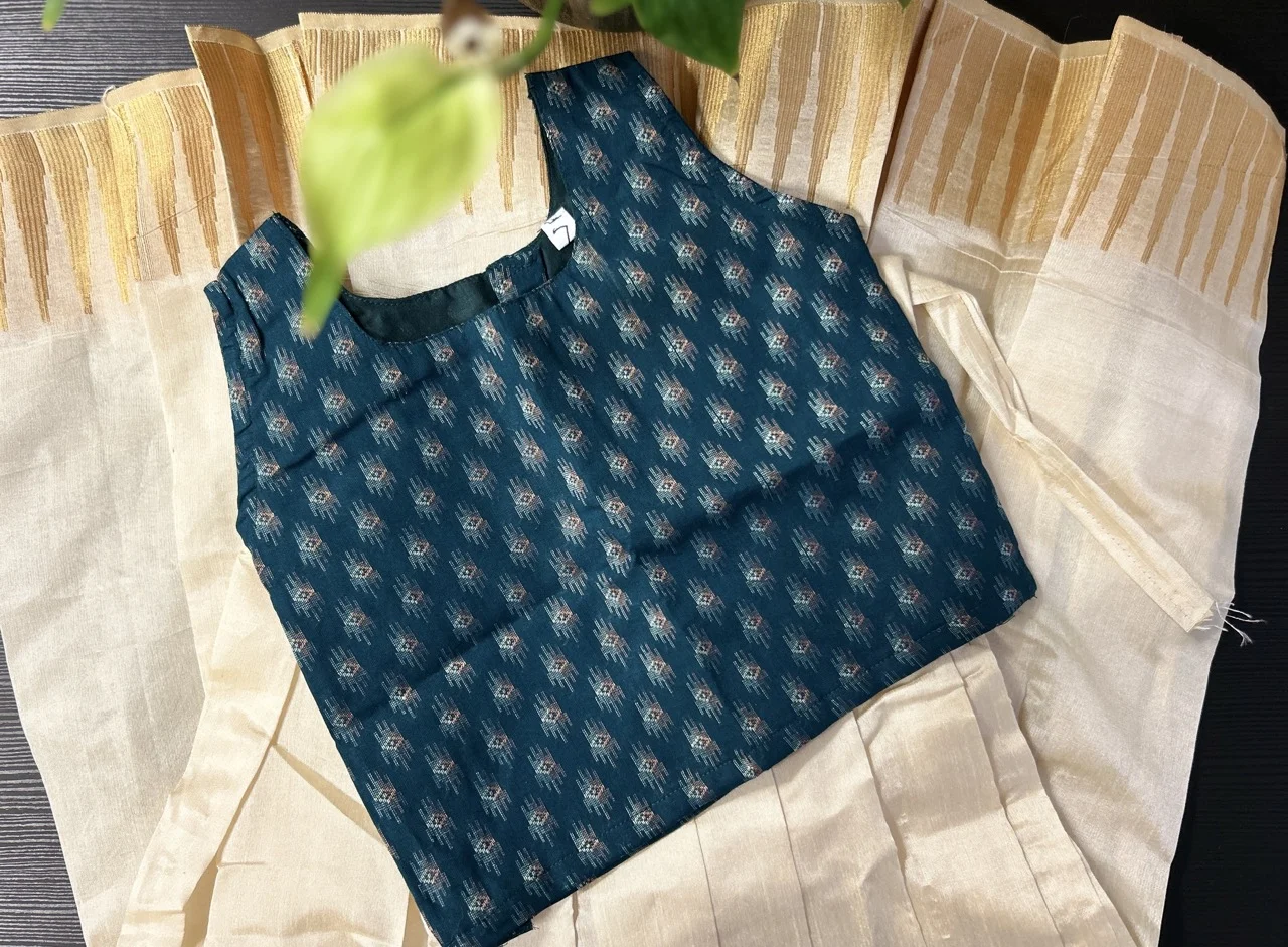 Kids  Teal Ikat Pattern Blouse and Cream Skirt with Gold Zari Border