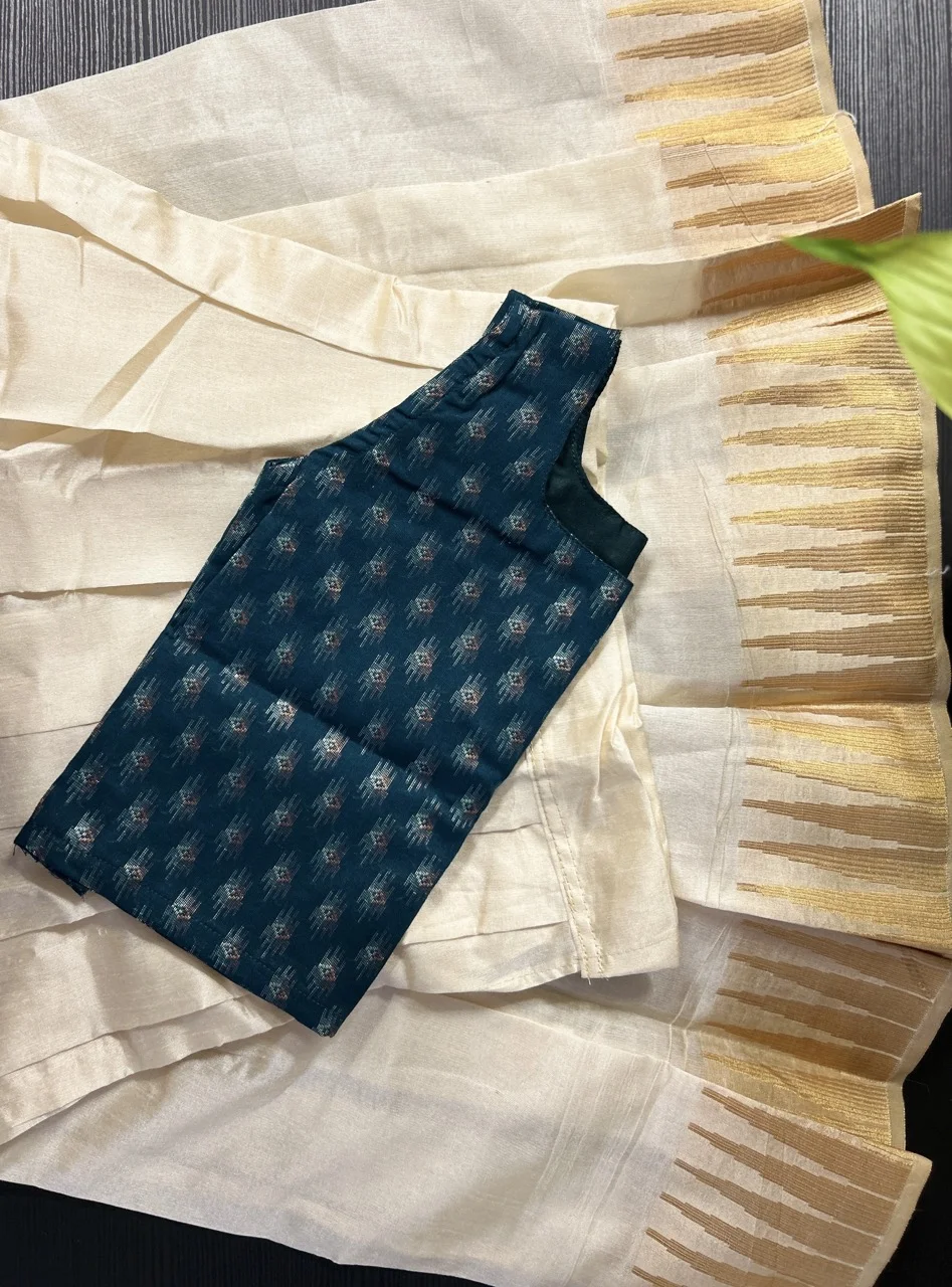 Kids  Teal Ikat Pattern Blouse and Cream Skirt with Gold Zari Border - Image 2