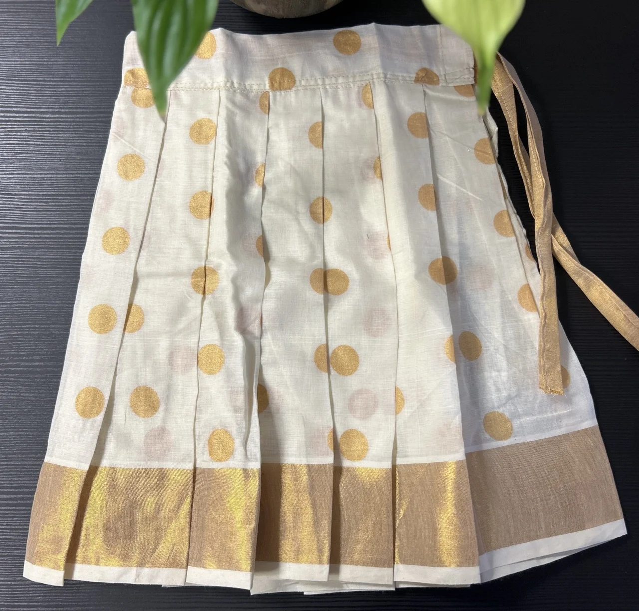 Kids Red and Gold Wave-Patterned Blouse and White Polka Dot Skirt with Gold Border - Image 3