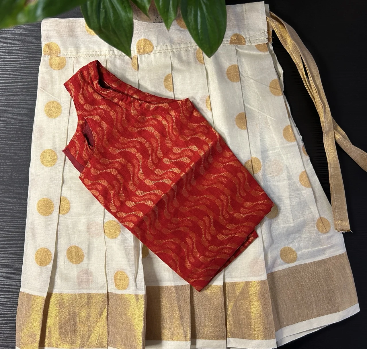 Kids Red and Gold Wave-Patterned Blouse and White Polka Dot Skirt with Gold Border - Image 2