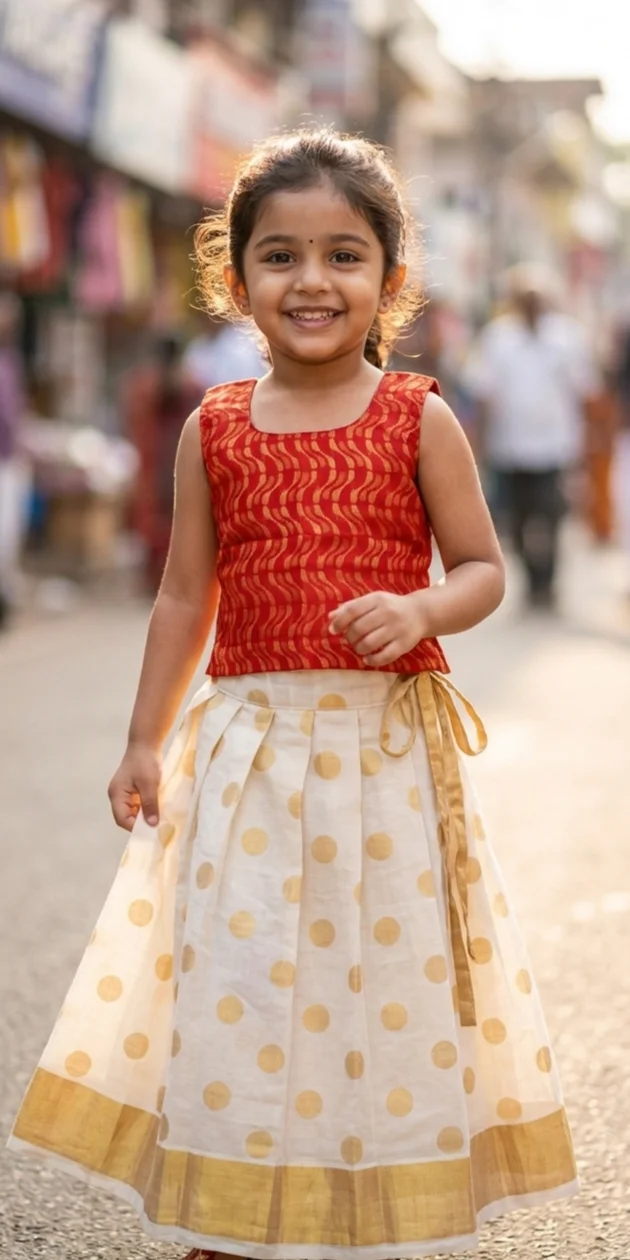 Kids Red and Gold Wave-Patterned Blouse and White Polka Dot Skirt with Gold Border