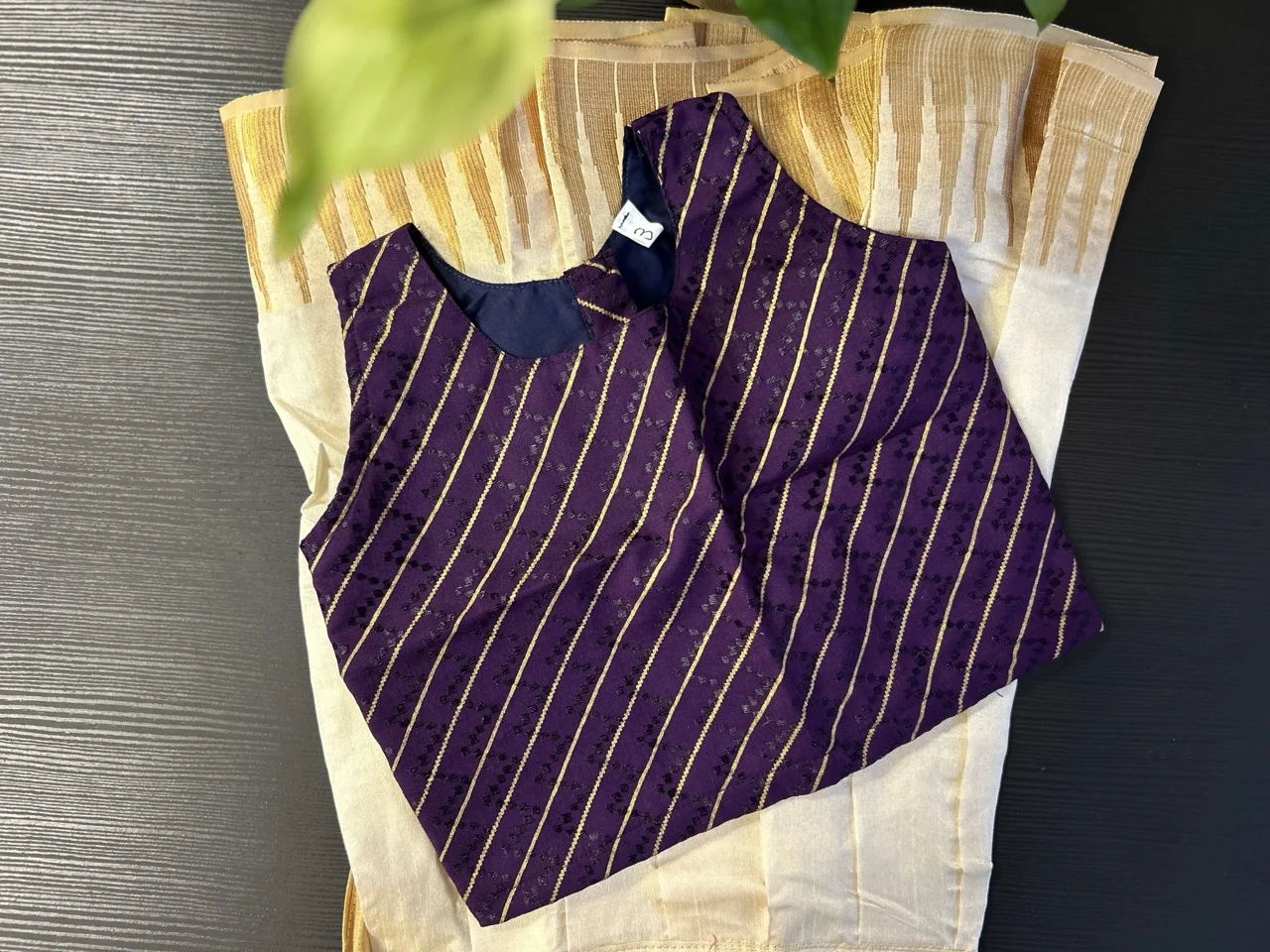 Kids Purple and Gold Striped Blouse and Cream Skirt with Gold Zari Border
