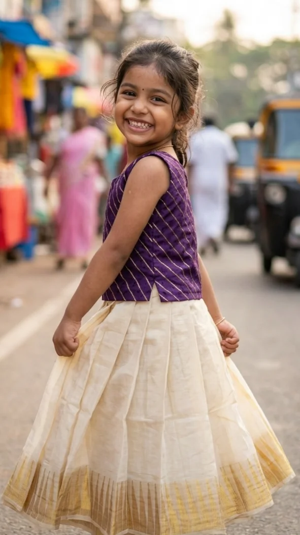 Kids Purple and Gold Striped Blouse and Cream Skirt with Gold Zari Border