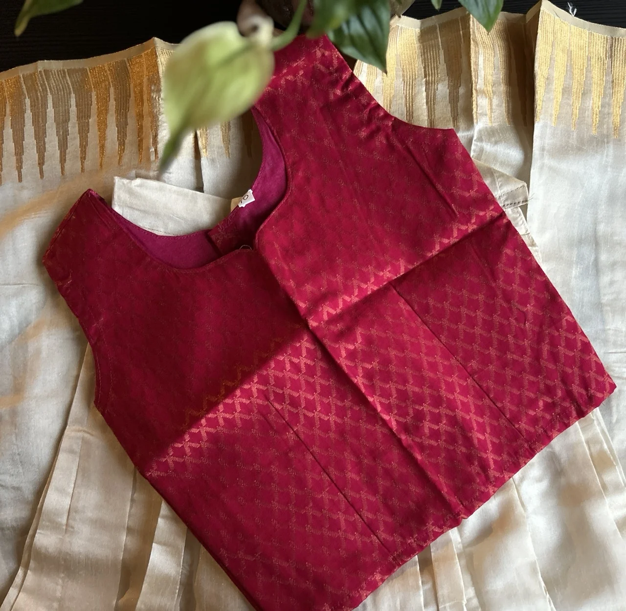 Kids  Magenta Brocade Blouse and Cream Skirt with Gold Zari Border