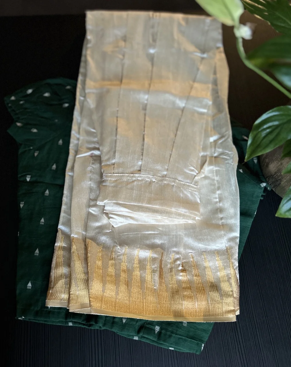 Kids Green Blouse with White Triangular Motifs and Cream and Gold Skirt with a Brocade Border - Image 3
