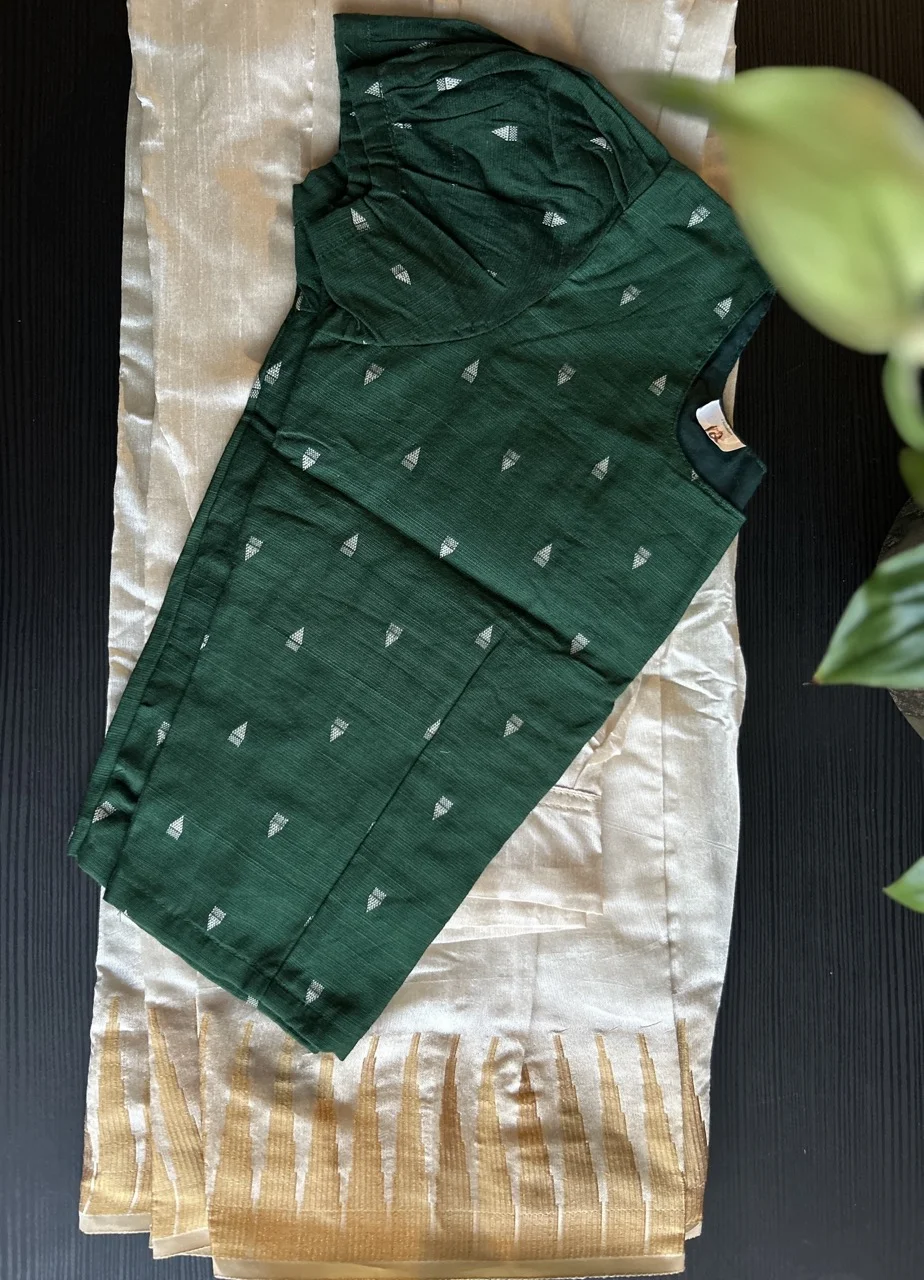 Kids Green Blouse with White Triangular Motifs and Cream and Gold Skirt with a Brocade Border
