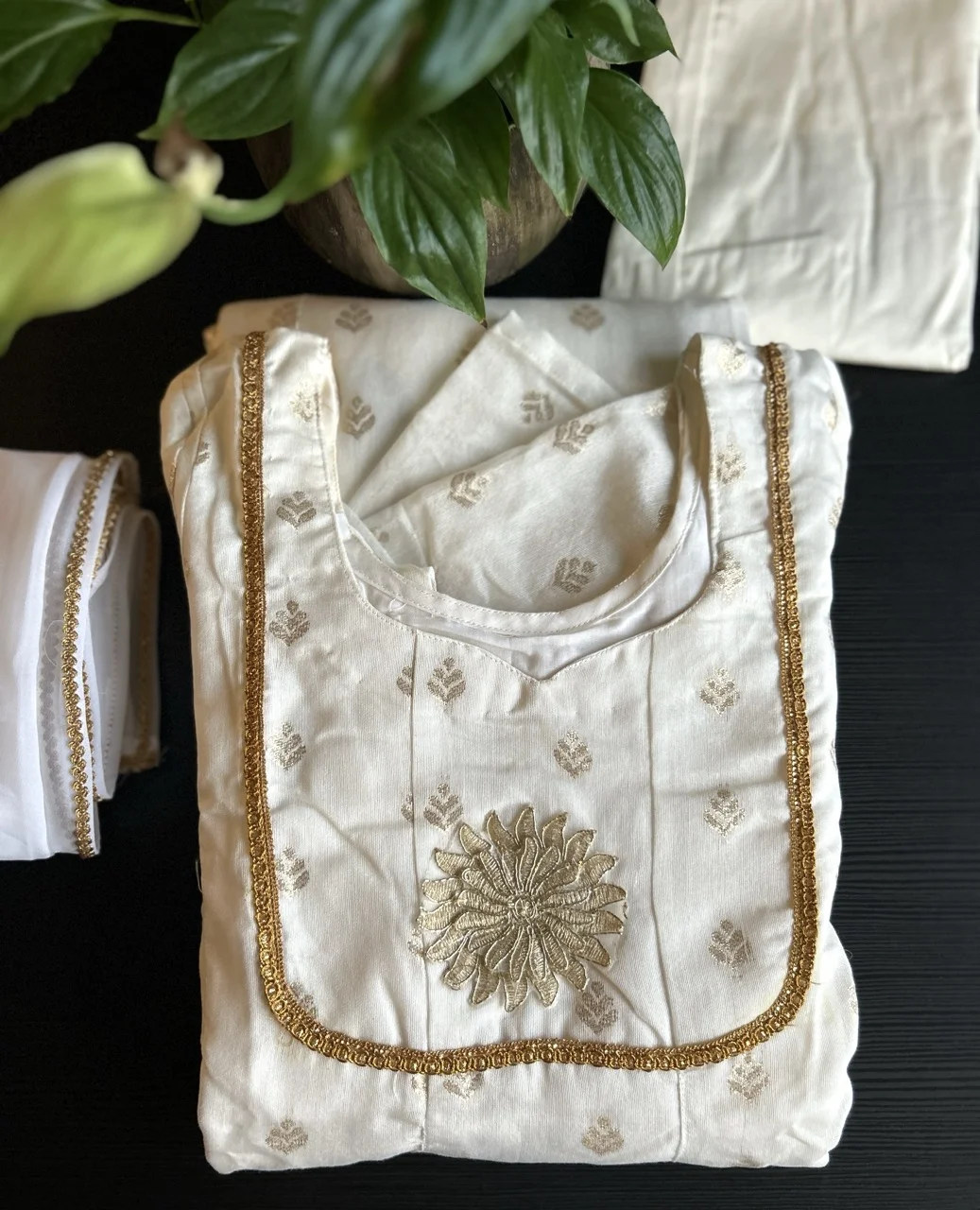  White Anarkali with Gold Floral Motifs and Zari Border