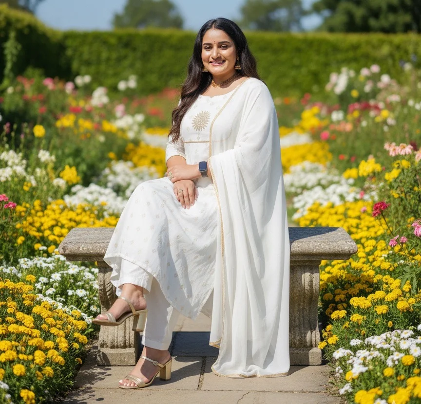  White Anarkali with Gold Floral Motifs and Zari Border