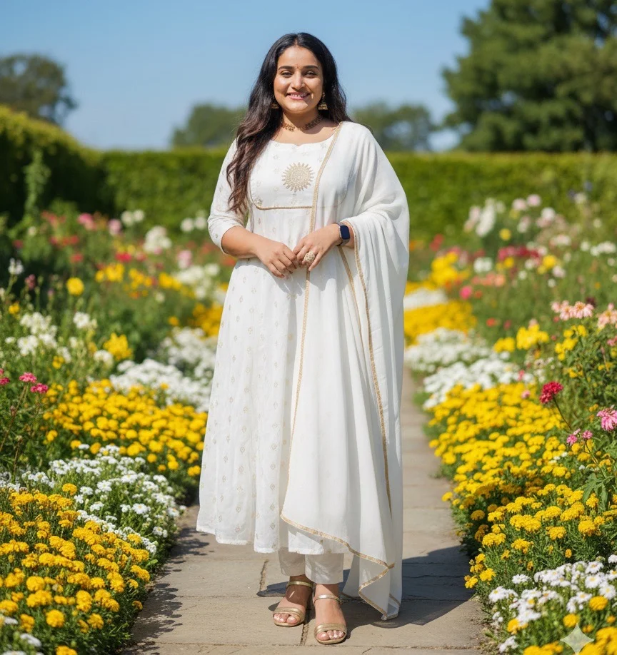  White Anarkali with Gold Floral Motifs and Zari Border - Image 2
