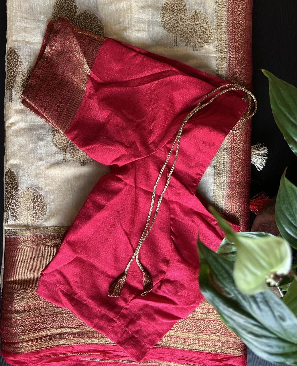 Cream and Gold Saree Featuring Tree Motifs and a Red and Gold Brocade Border with a Red Blouse - Image 2