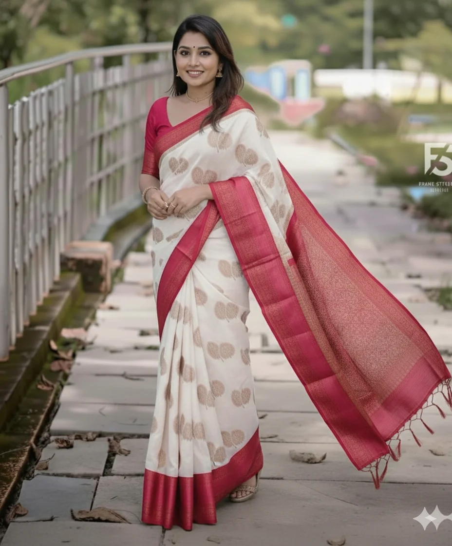 Cream and Gold Saree Featuring Tree Motifs and a Red and Gold Brocade Border (with blouse)