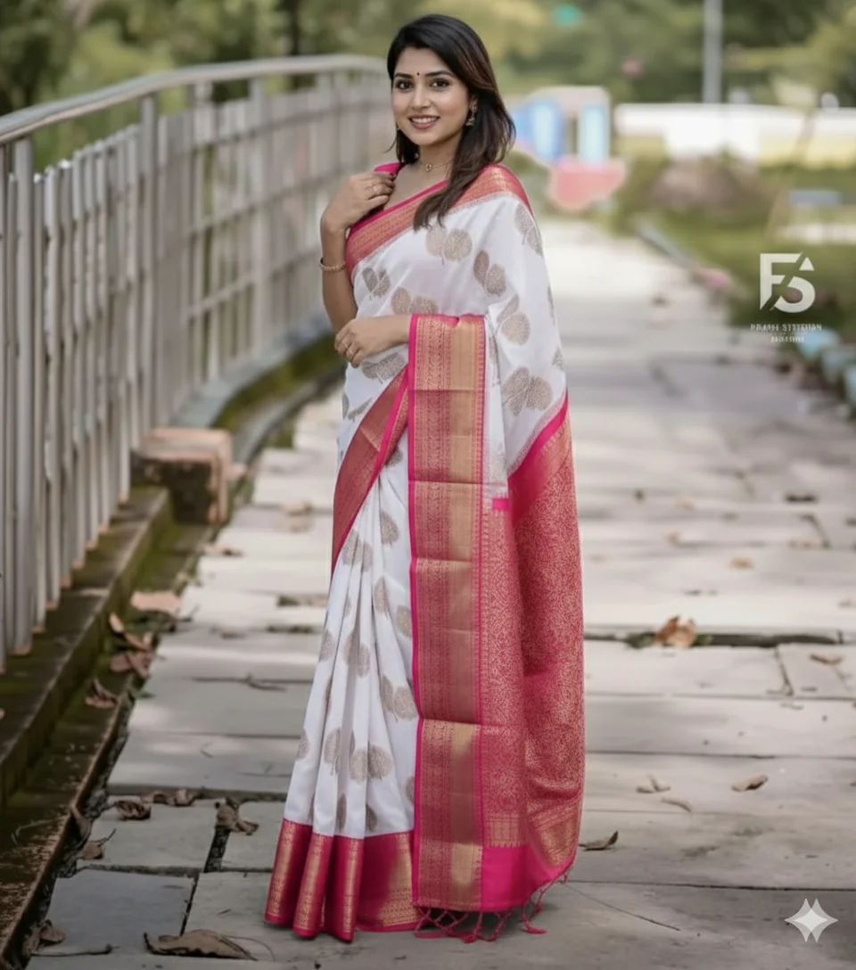 Cream and Gold Saree Featuring Tree Motifs and a Red and Gold Brocade Border (with blouse) - Image 2