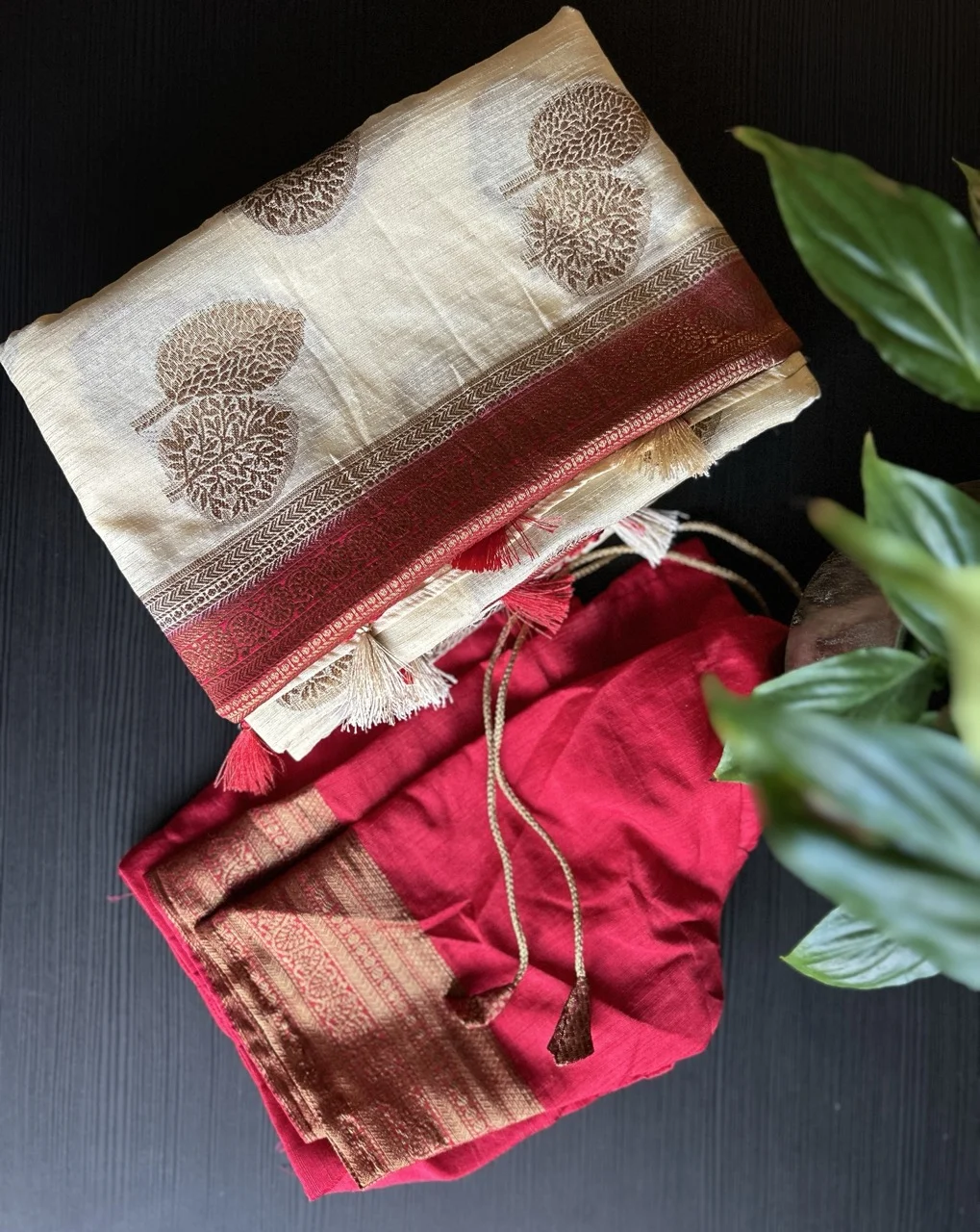 Cream and Gold Saree Featuring Tree Motifs and a Red and Gold Brocade Border with a Red Blouse - Image 4