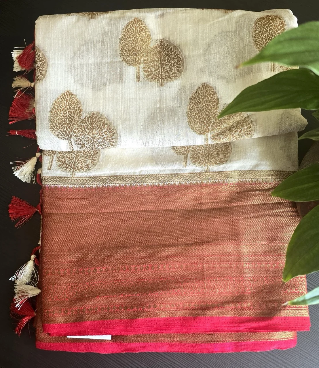  White and Gold Tree-Motif Saree with a Red and Gold Brocade Border - Image 2