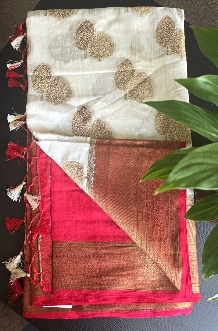 White and Gold Tree-Motif Saree with a Red and Gold Brocade Border