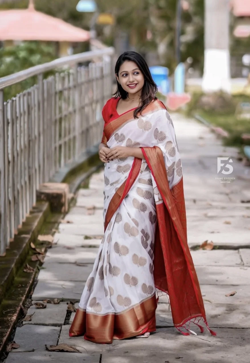  White and Gold Tree-Motif Saree with a Red and Gold Brocade Border