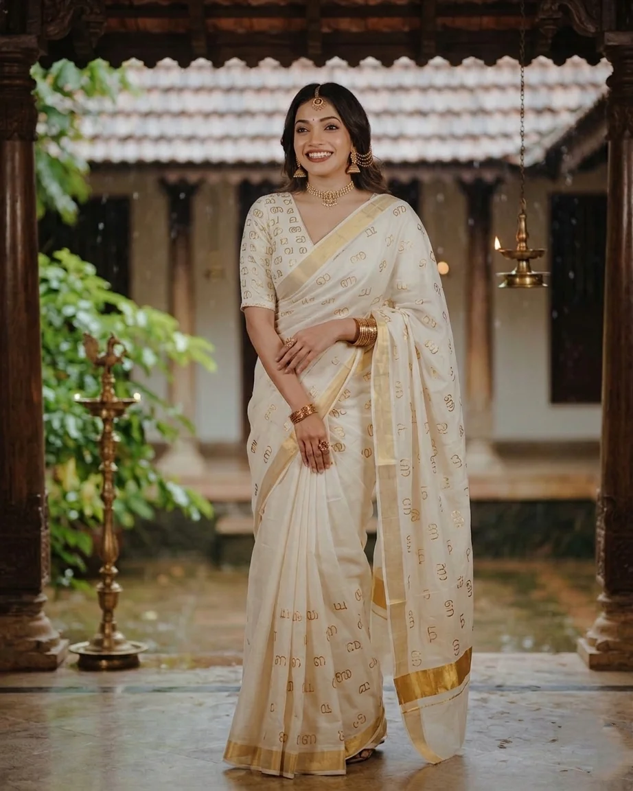 White and Gold Kerala Saree with Malayalam Script Motifs and a Matching Blouse.