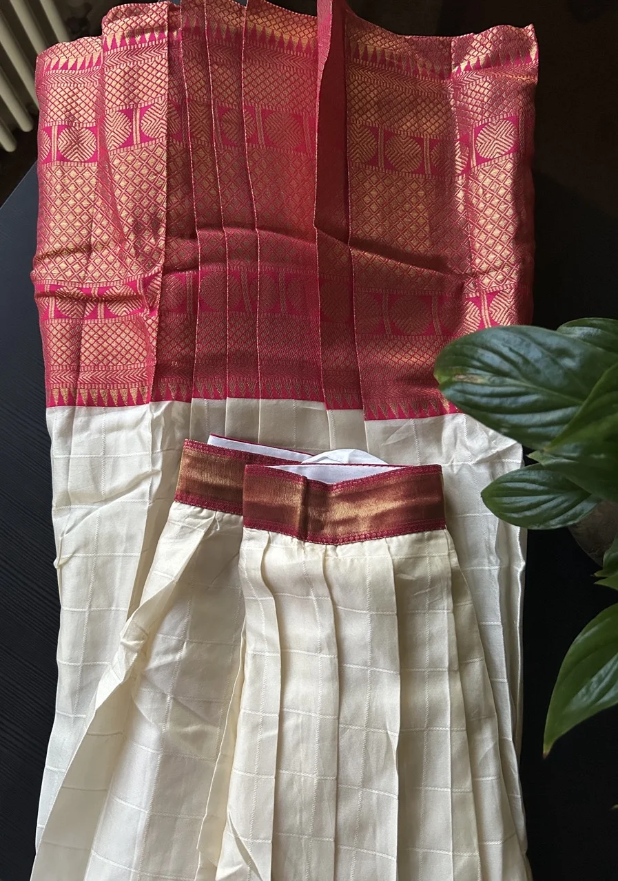 White Skirt with Brocade Border, Magenta Blouse, and Fuchsia Pink Brocade Shawl (Dhavani Set) - Image 2