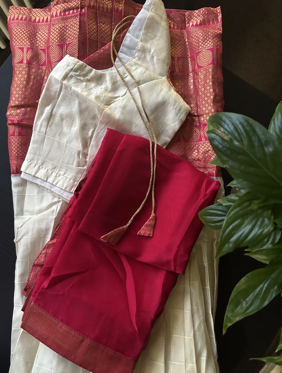 White Skirt with Brocade Border, Magenta Blouse, and Fuchsia Pink Brocade Shawl (Dhavani Set)